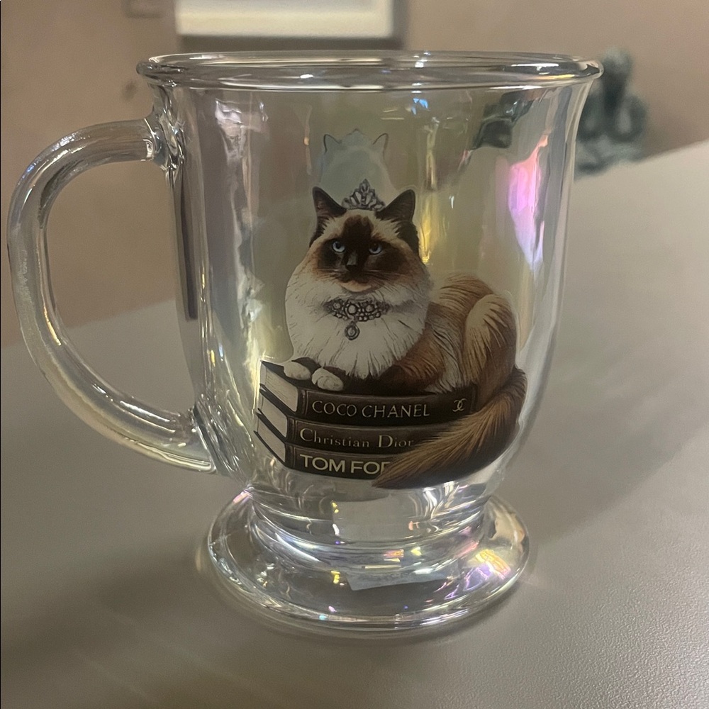 Cat with Tiara and Jewels Atop Designer Books Glass Iridescent Mug - Picture 3 of 5